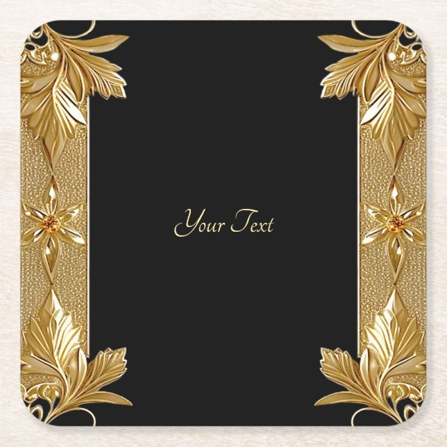 Gold Black Ornate Floral Paper Coaster (Front)