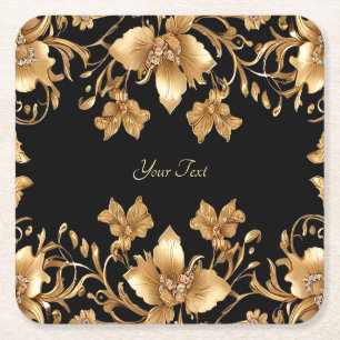 Gold Black Ornate Floral Paper Coaster