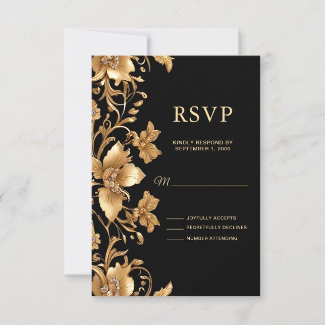 Gold Black Ornate Floral RSVP Card (Front)