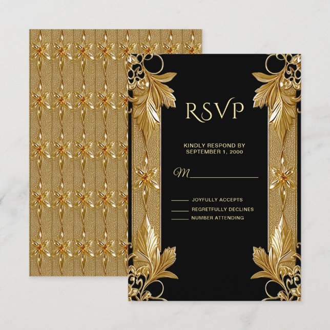 Gold Black Ornate Floral RSVP Card (Front/Back)