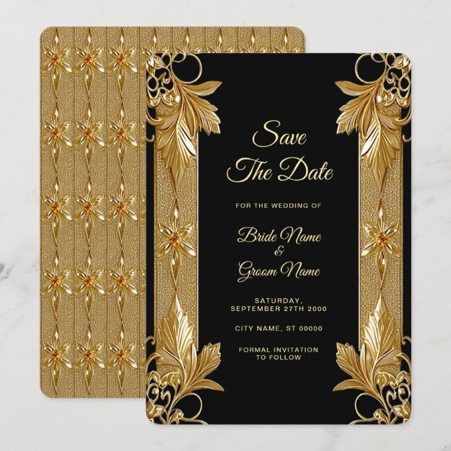 Gold Black Ornate Floral Save The Date (Front/Back)