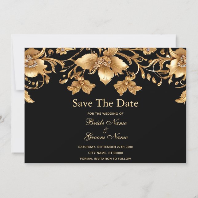 Gold Black Ornate Floral Save The Date (Front)