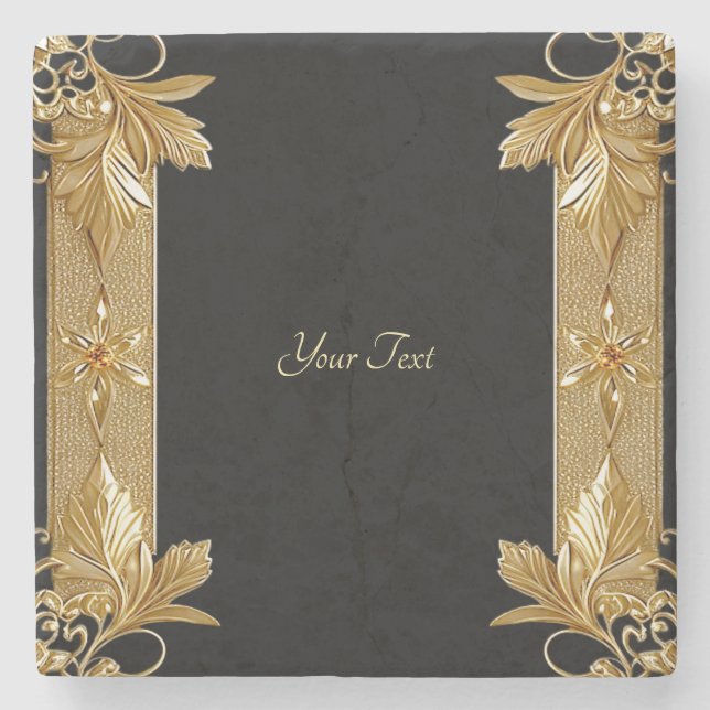Gold Black Ornate Floral Stone Coaster (Front)