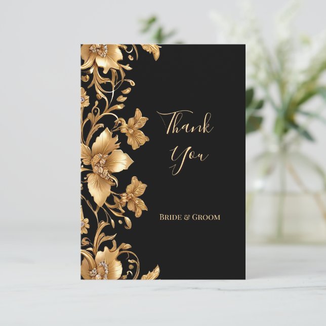 Gold Black Ornate Floral Thank You Card (Standing Front)