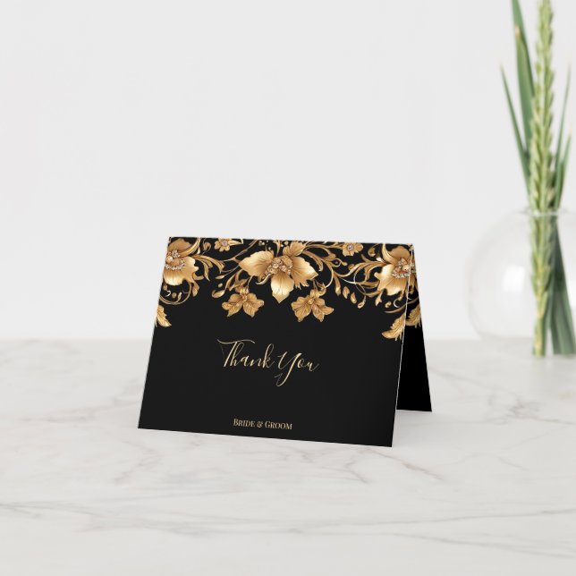 Gold Black Ornate Floral Thank You Card (Front)