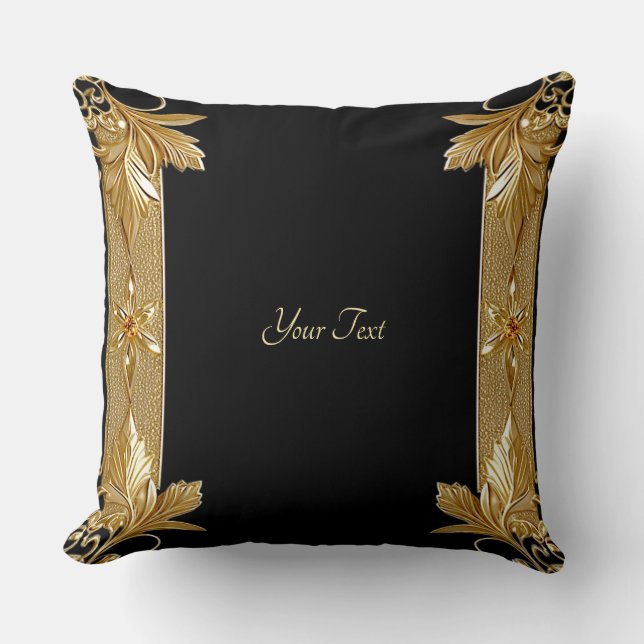 Gold Black Ornate Floral Throw Pillow (Front)