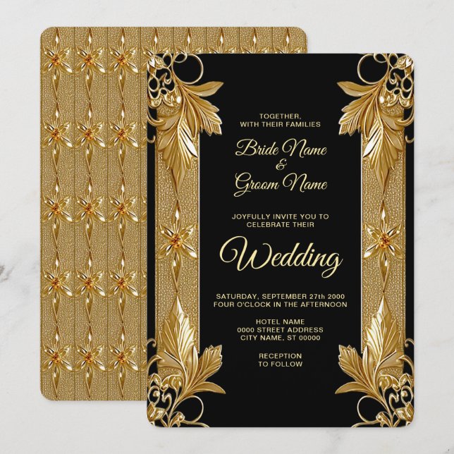 Gold Black Ornate Floral Wedding Invitation (Front/Back)