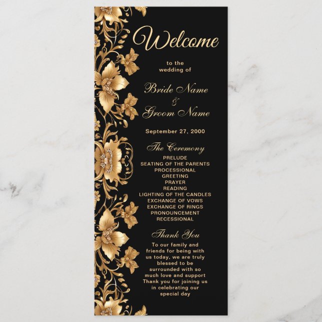 Gold Black Ornate Floral Wedding Program Programme (Front)