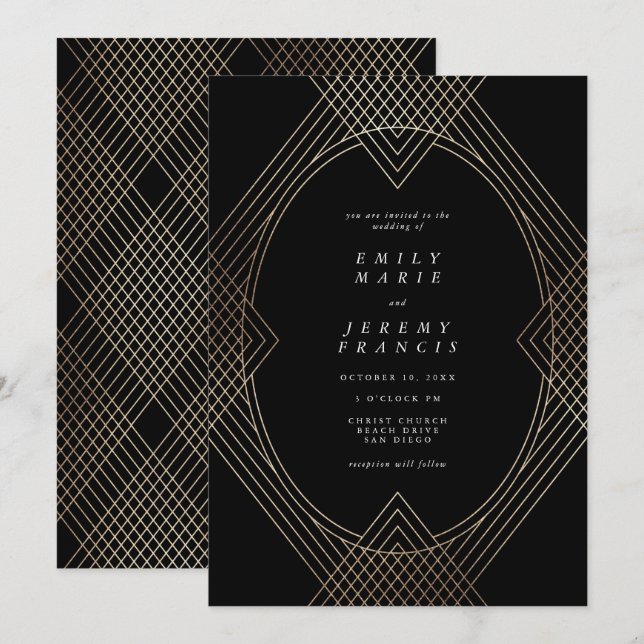 Gold Black Oval Geometric Art Deco Gatsby Wedding Invitation (Front/Back)