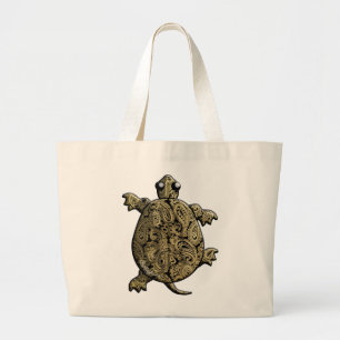 Gold Black Paisley ClimbingTurtle Large Tote Bag