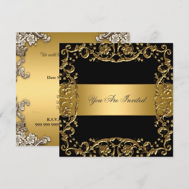 Gold Black Party Invitation Floral Frame (Front/Back)
