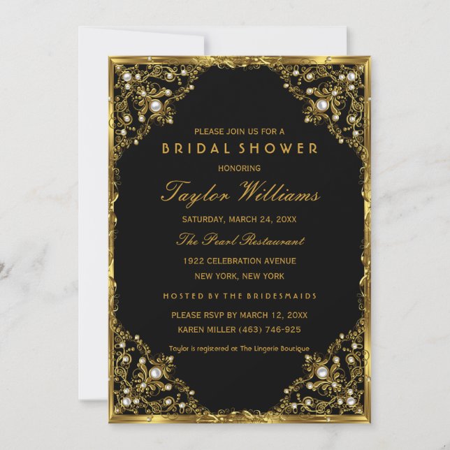 Gold Black Pearl Vintage Glamour Bridal Shower Invitation (Front)