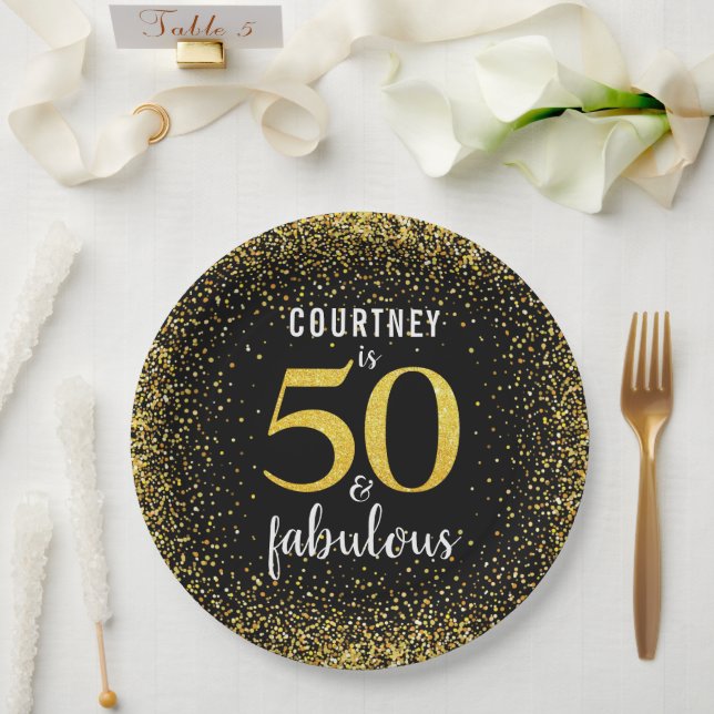 Gold black personalised 50 and fabulous bold paper paper plate (Wedding)