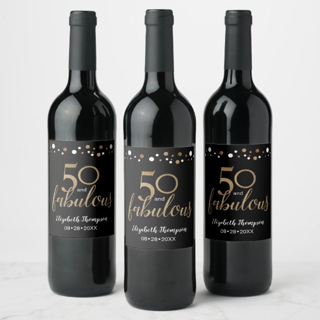 Gold black Personalised 50 and Fabulous Elegant Wine Label (Bottles)