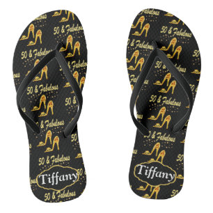 GOLD & BLACK PERSONALIZED 50TH BIRTHDAY FLIP FLOPS