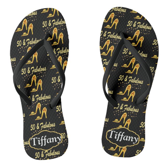 GOLD & BLACK PERSONALIZED 50TH BIRTHDAY FLIP FLOPS (Footbed)