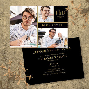 Gold Black PhD Degree 3 Photo Graduation Party Invitation