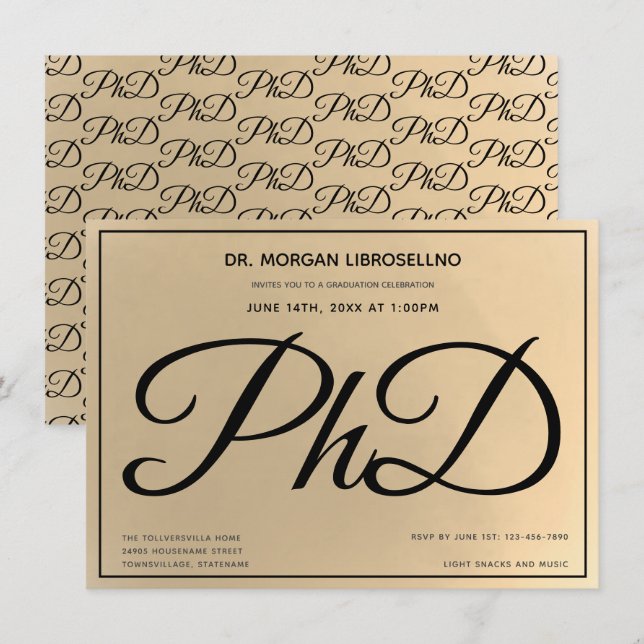  Gold Black PhD Graduation Party Invitation (Front/Back)