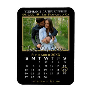 Gold & Black Photo Calendar Save Our Date Wedding Magnet