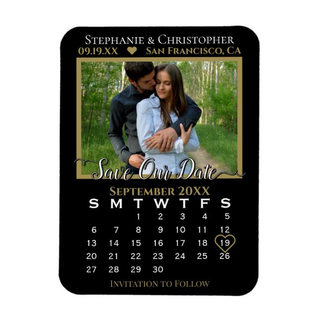 Gold & Black Photo Calendar Save Our Date Wedding Magnet (Vertical)