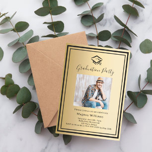 Gold black photo cap Graduation Party Invitation