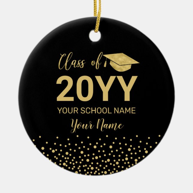 Gold & Black Photo Graduation Christmas Gift Ceramic Tree Decoration (Front)