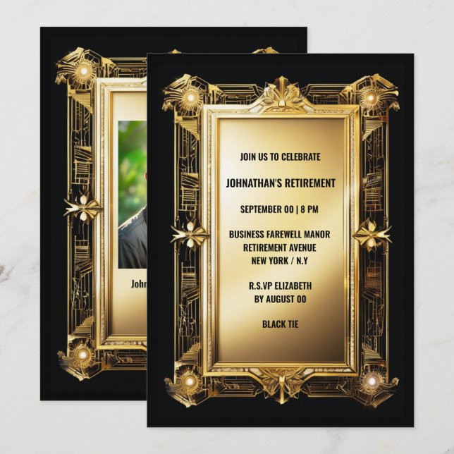 Gold black photo retirement farewell art deco invitation (Front/Back)