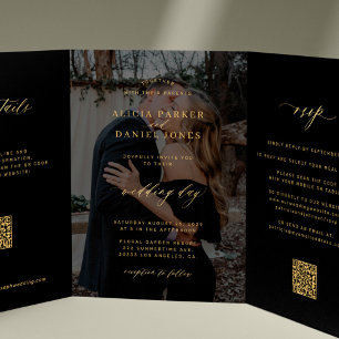 Gold black photo wedding RSVP details QR code  Tri-Fold Invitation