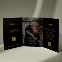 Gold black photo wedding RSVP details QR code 