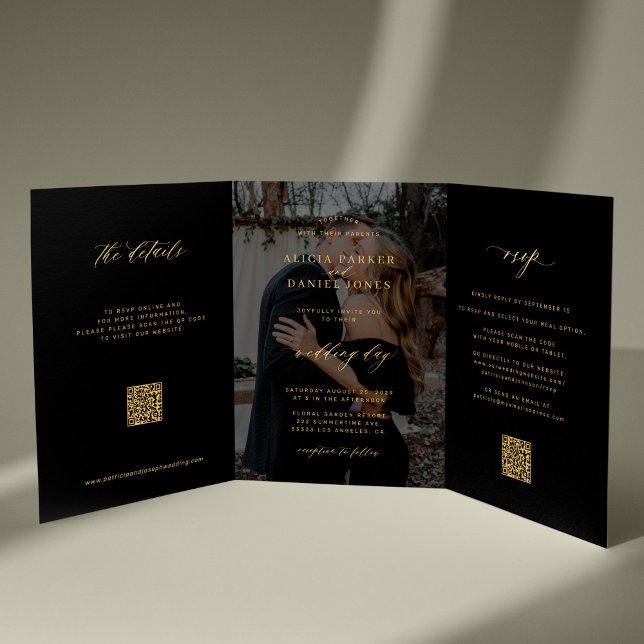 Gold black photo wedding RSVP details QR code  Tri-Fold Invitation (Creator Uploaded)
