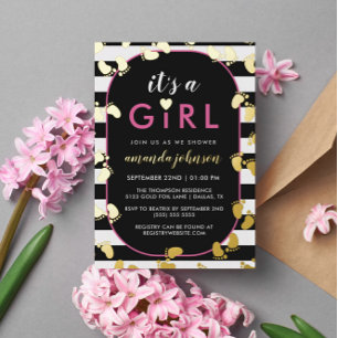 Gold Black Pink It's A Girl Baby Footprints