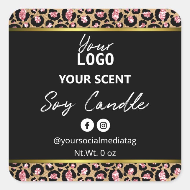 Gold Black Pink Leopard Print Soy Candle Labels (Front)