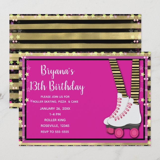 Gold Black & Pink Roller Skating Birthday Party Invitation (Front/Back)