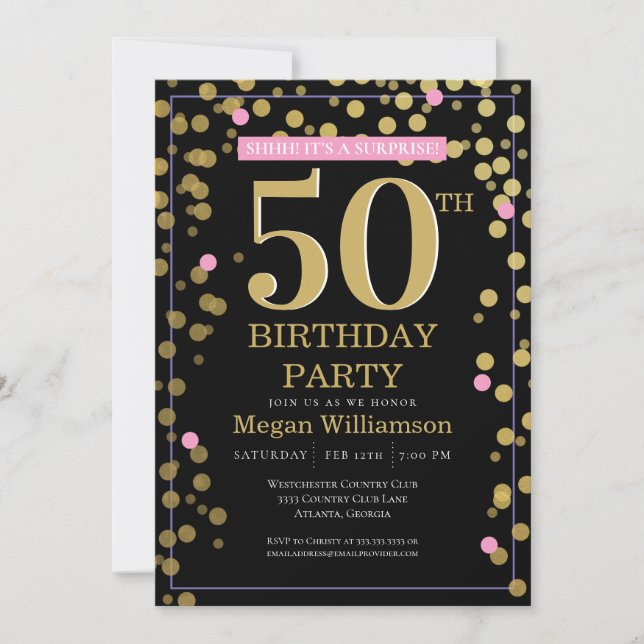 Gold Black Pink Surprise 50th Birthday Invitation (Front)