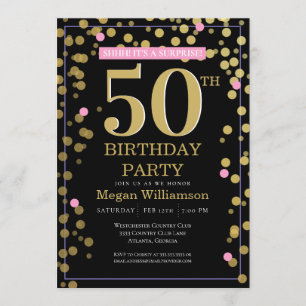 Gold Black Pink Surprise 50th Birthday Invitation