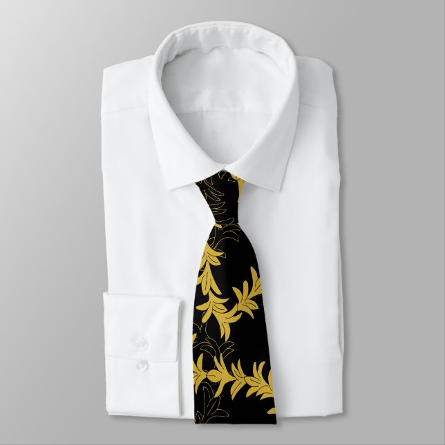 Gold Black Plumeria Patterned Beach Wedding Tie (Tied)