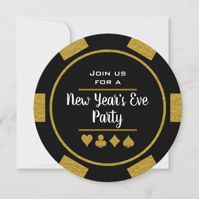 Gold Black Poker Chip Casino Night New Year's Eve Invitation (Front)