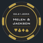 Gold Black Poker Chip Las Vegas Casino Wedding Classic Round Sticker<br><div class="desc">Getting married in Las Vegas or another fun casino city? Or having a casino themed wedding? These gold and black stickers would make a perfect addition to your guest's favours or to seal their invitations. Personalise your design with your names in the centre, and a wedding date, thank you, etc....</div>