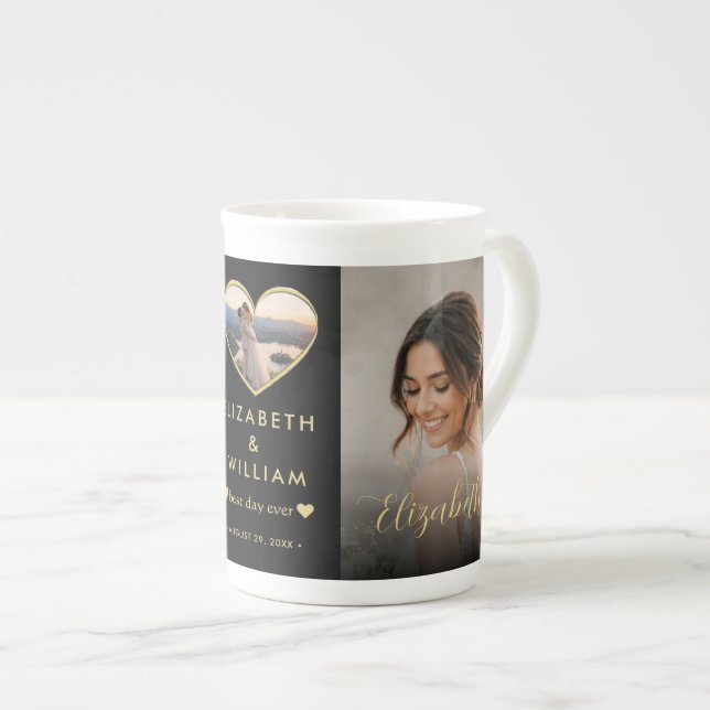 Gold & Black Polka Dot Personalised wedding Bone China Mug (Front Right)