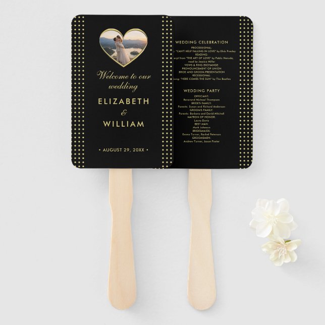 Gold & Black Polka Dot Personalised wedding Hand Fan (Front and Back)