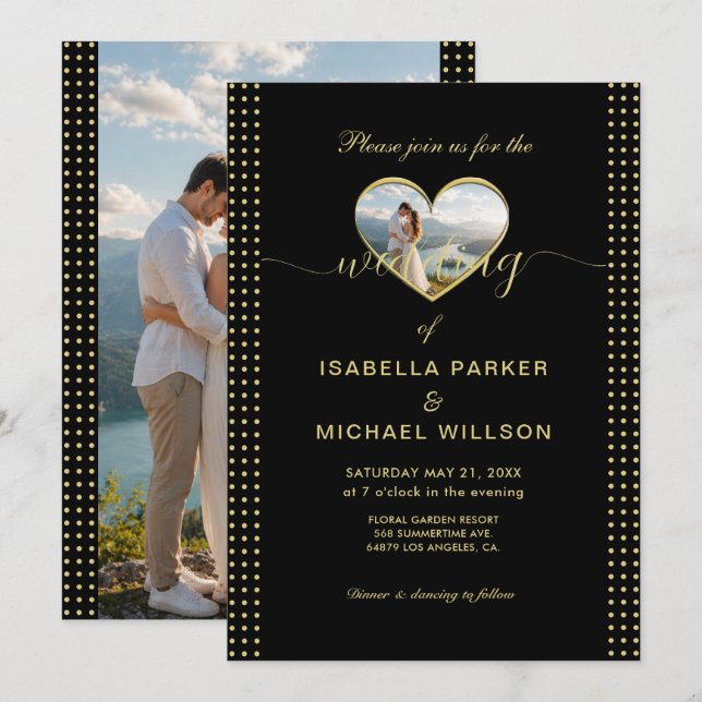 Gold & Black Polka Dot Personalised wedding Invitation (Front/Back)