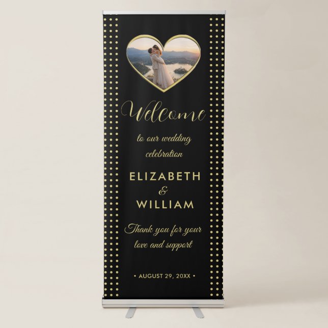 Gold & Black Polka Dot Personalised wedding Retractable Banner (Front)