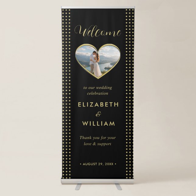 Gold & Black Polka Dot Personalised wedding Retractable Banner (Front)