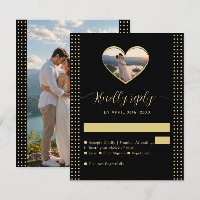 Gold & Black Polka Dot Personalised wedding RSVP Card (Front/Back)