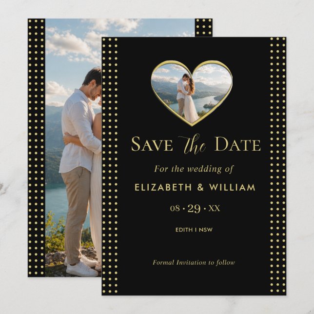 Gold & Black Polka Dot Personalised wedding Save The Date (Front/Back)