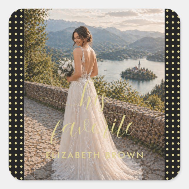 Gold & Black Polka Dot Personalised wedding Square Sticker (Front)