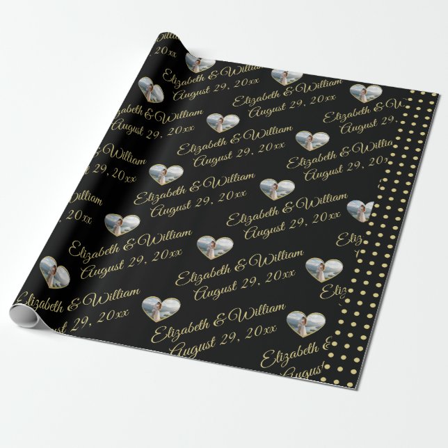 Gold & Black Polka Dot Personalised wedding Wrapping Paper (Unrolled)
