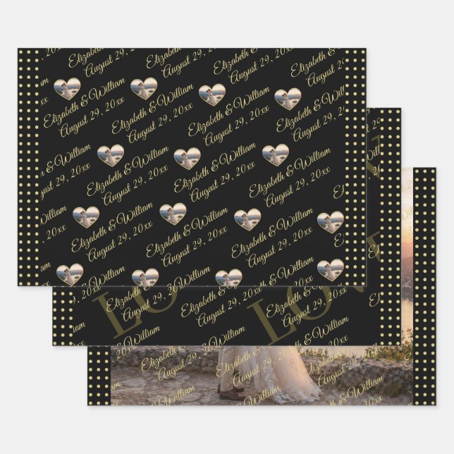 Gold & Black Polka Dot Personalised wedding Wrapping Paper Sheet (Set)