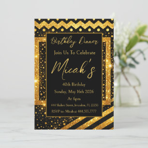 Gold Black Print Zigzag, Diagonal Lines, Dots Luxe Invitation