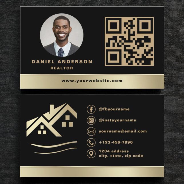 Gold Black QR Code Real Estate Realtor Business Card (Creator Uploaded)